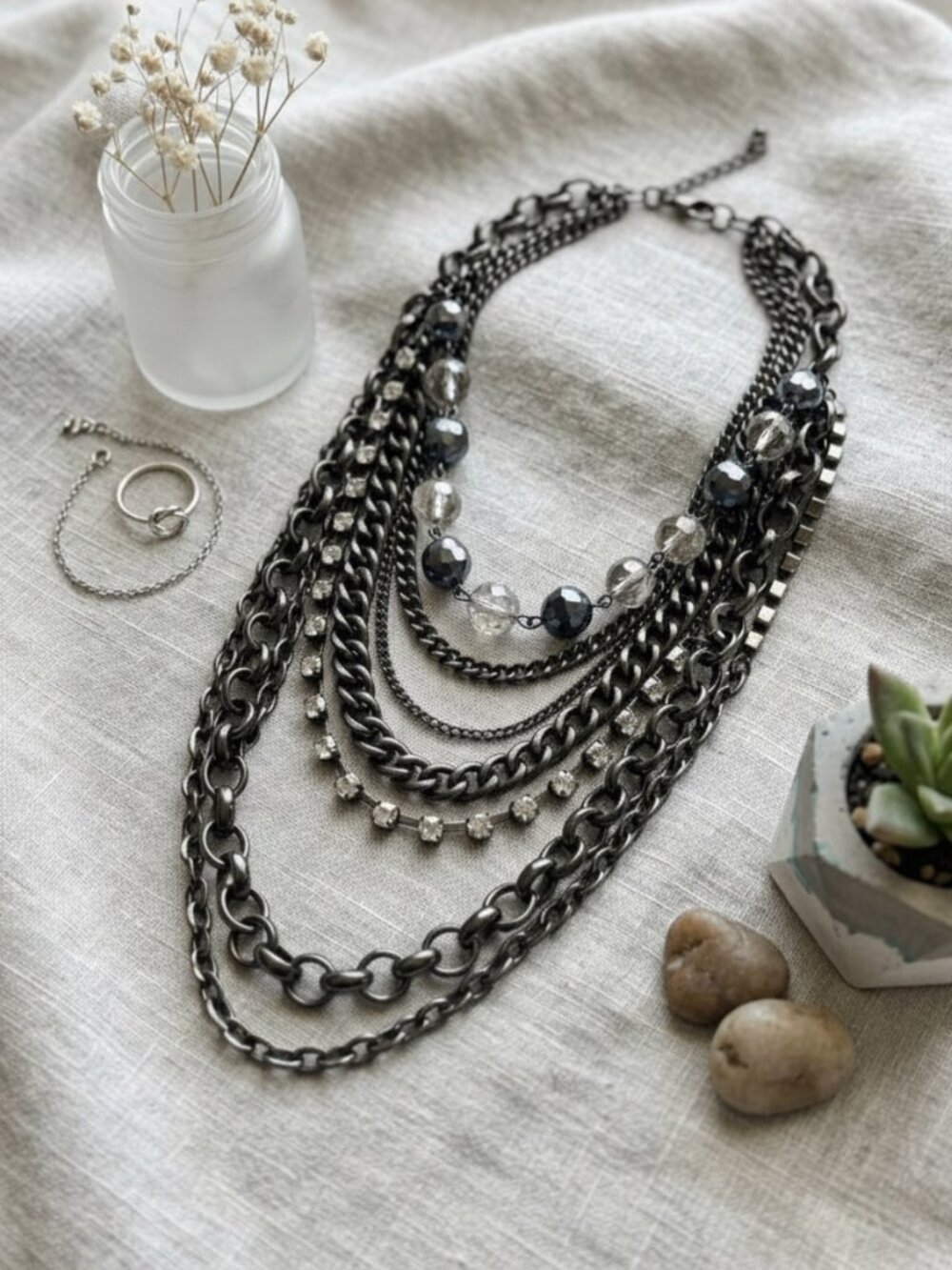Layered Gunmetal Silver-Tone Multi Strand Chunky Bib Rhinestone Necklace